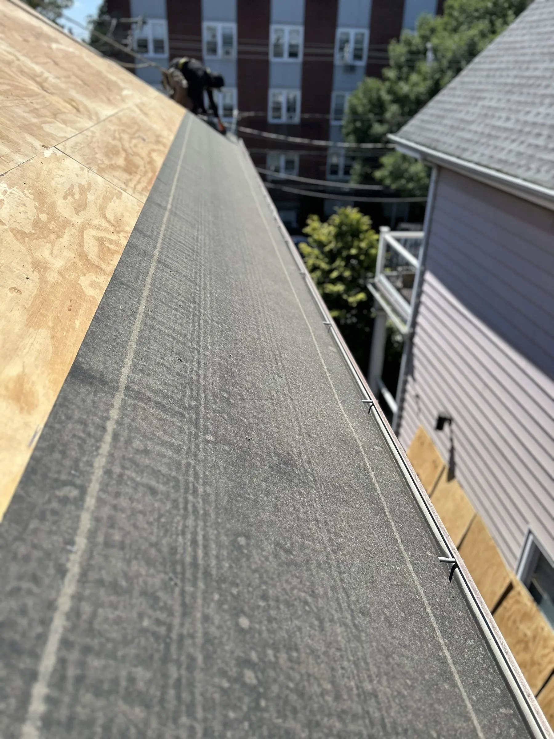 The whole steep slope covered in new plywood decking, the street and rooftops below.