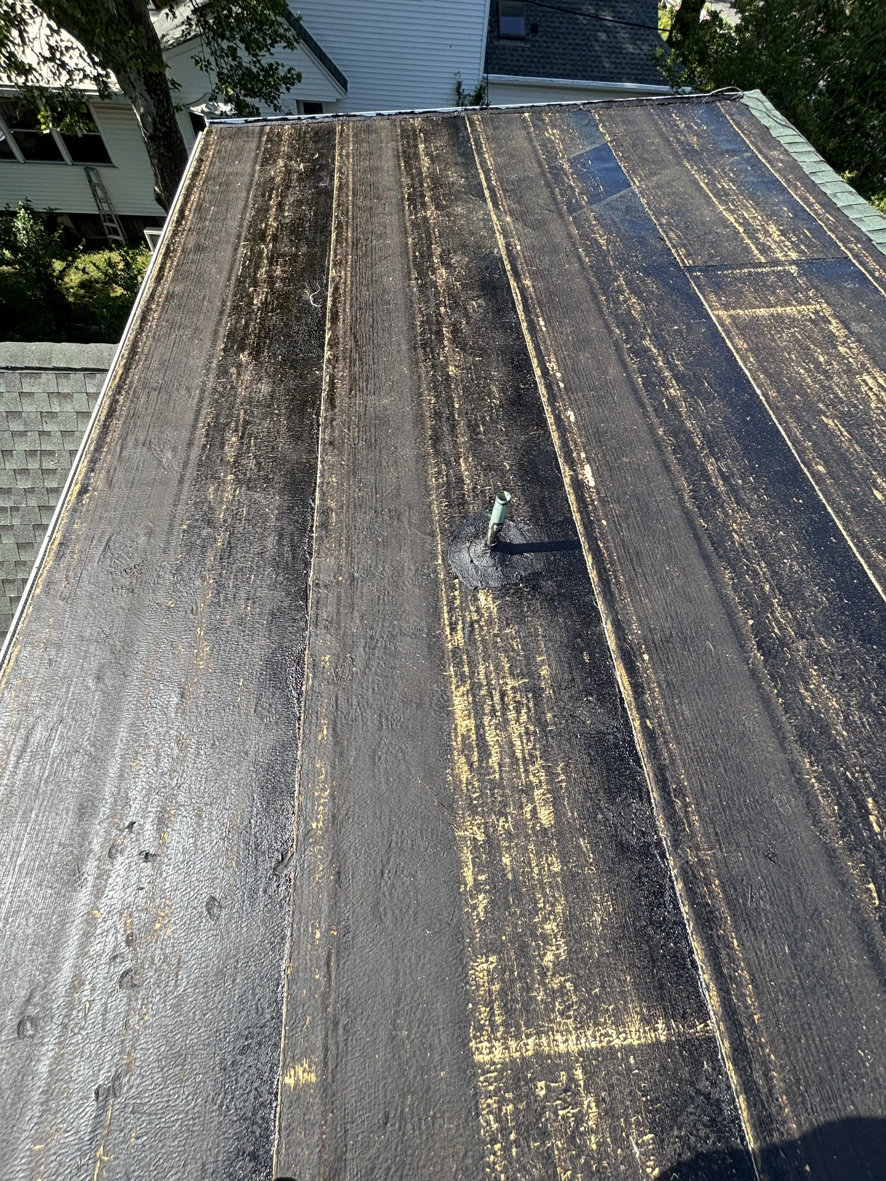Existing flat roof in poor condition, looking down the worn roof plane toward the adjoining building and trees.