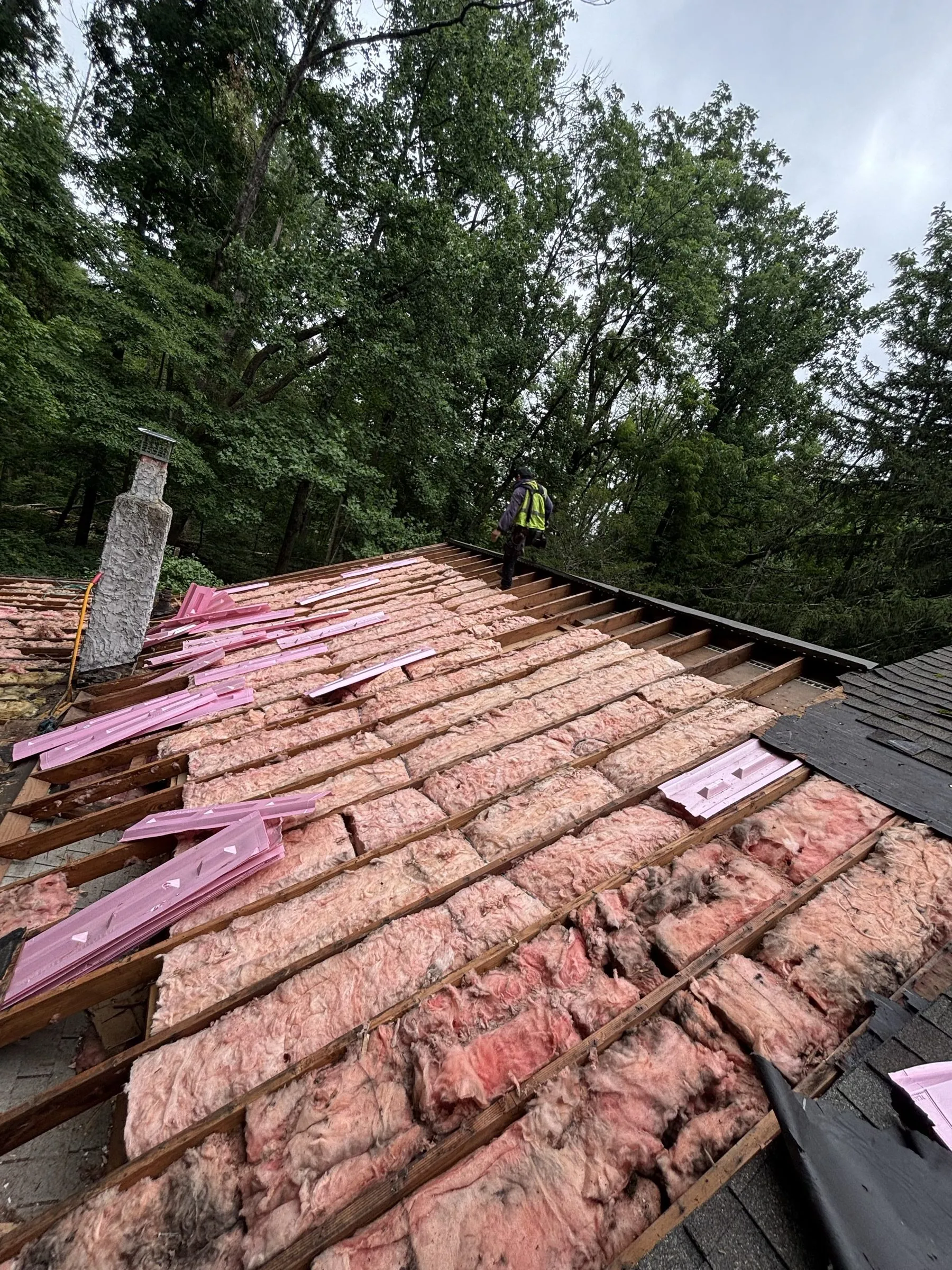 The old shingles curled and broken across the slope, chalk lines marking the tear-off.