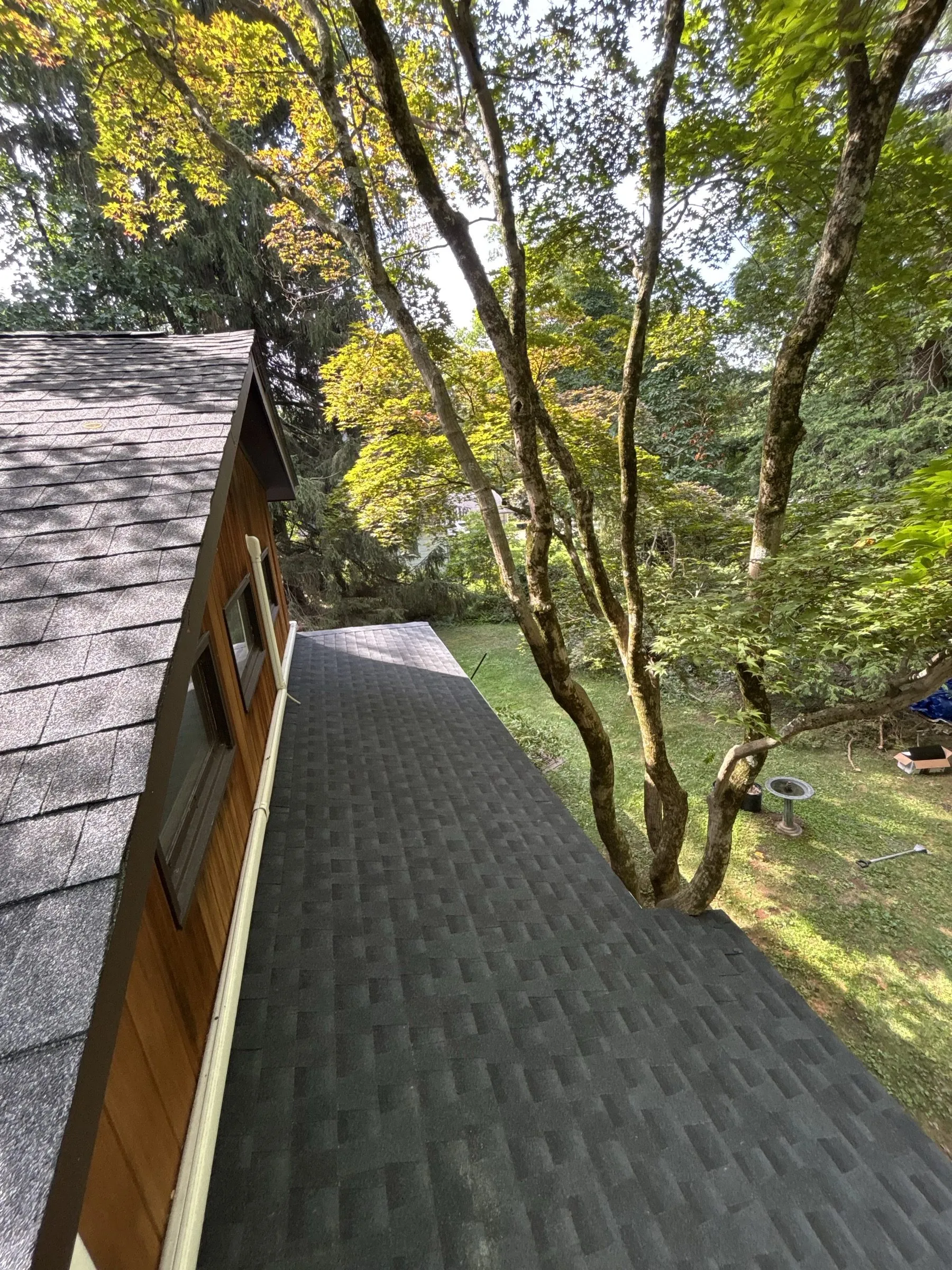 The finished shingles running out to the rake edge above the new gutter line.